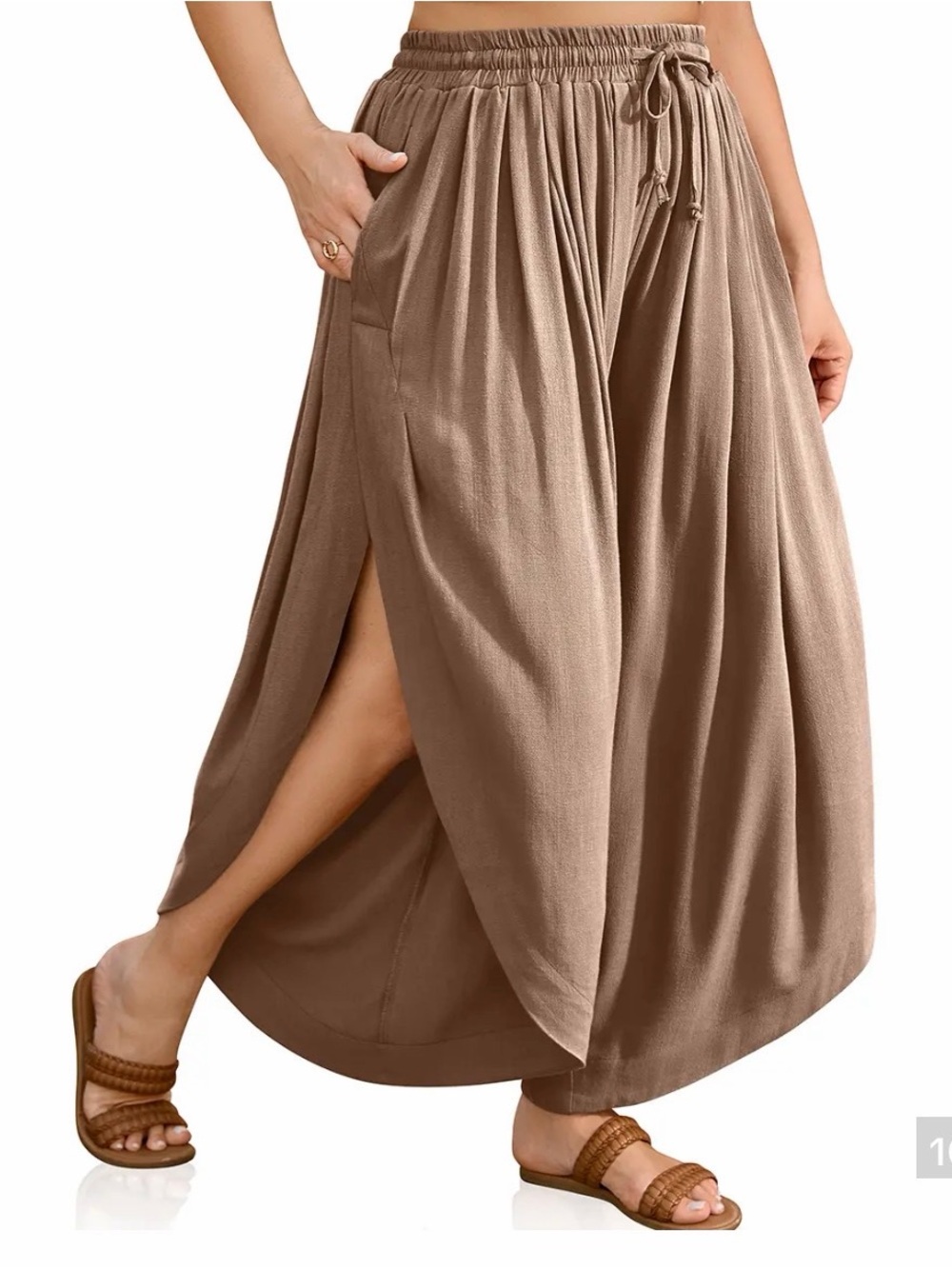 Wide-Leg Taupe Split Maxi Pants with Elastic Drawstring Waist
